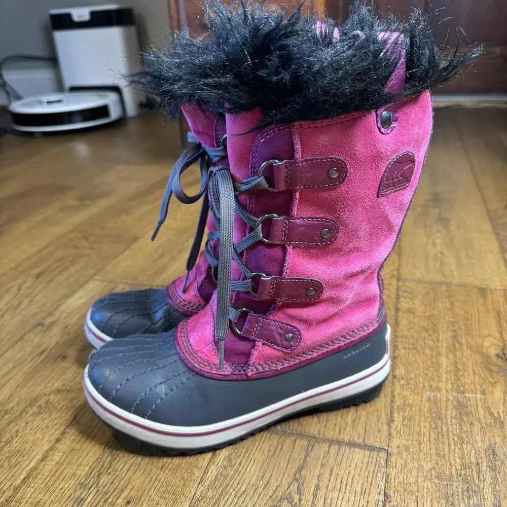 Girls Sorel Pink Suede Snow Boots Tofino Muck Funky Faux Fur Trim Size 3 Youth
